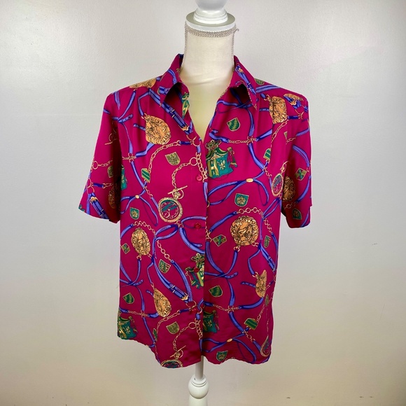 Alfred Dunner Vintage Horse Equestrian Watch Chain Pink Size 10 Button Up Blouse - Picture 1 of 8